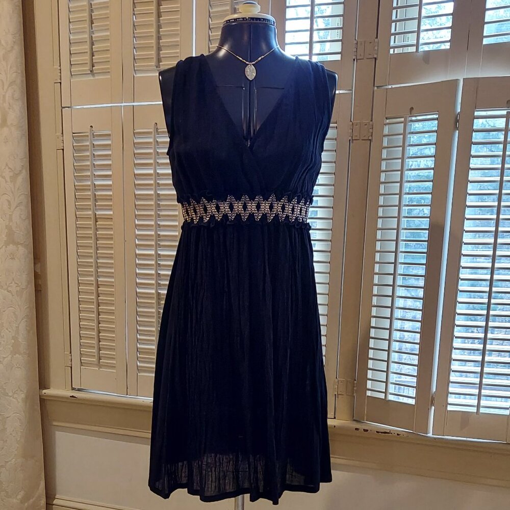 Black V-neck Airy Gauze Dress with Diamond Embroidered Elasticized Waist Size S